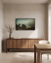 Lake Lucerne by Albert Bierstadt in a black frame above a walnut sideboard in a dining room