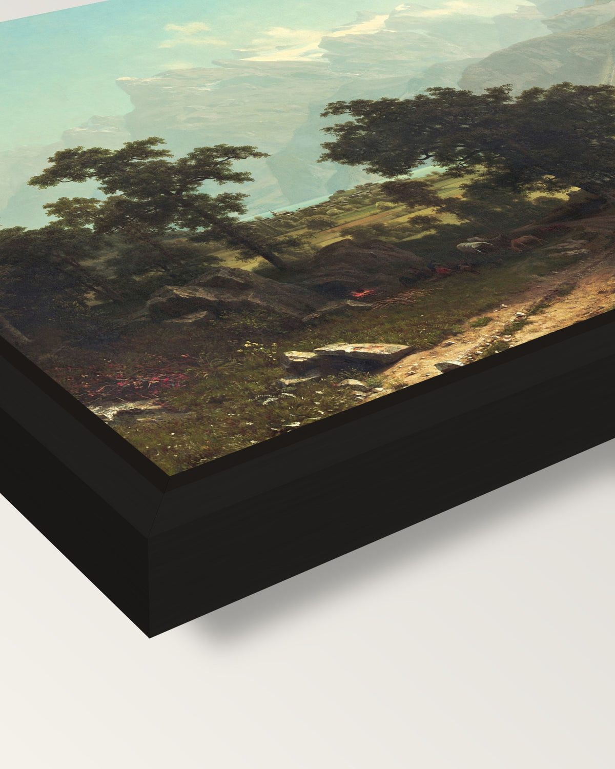 Lake Lucerne by Albert Bierstadt framed canvas, corner close-up: a black floating frame with a shadow gap round the canvas