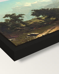 Lake Lucerne by Albert Bierstadt framed canvas, corner close-up: a black floating frame with a shadow gap round the canvas