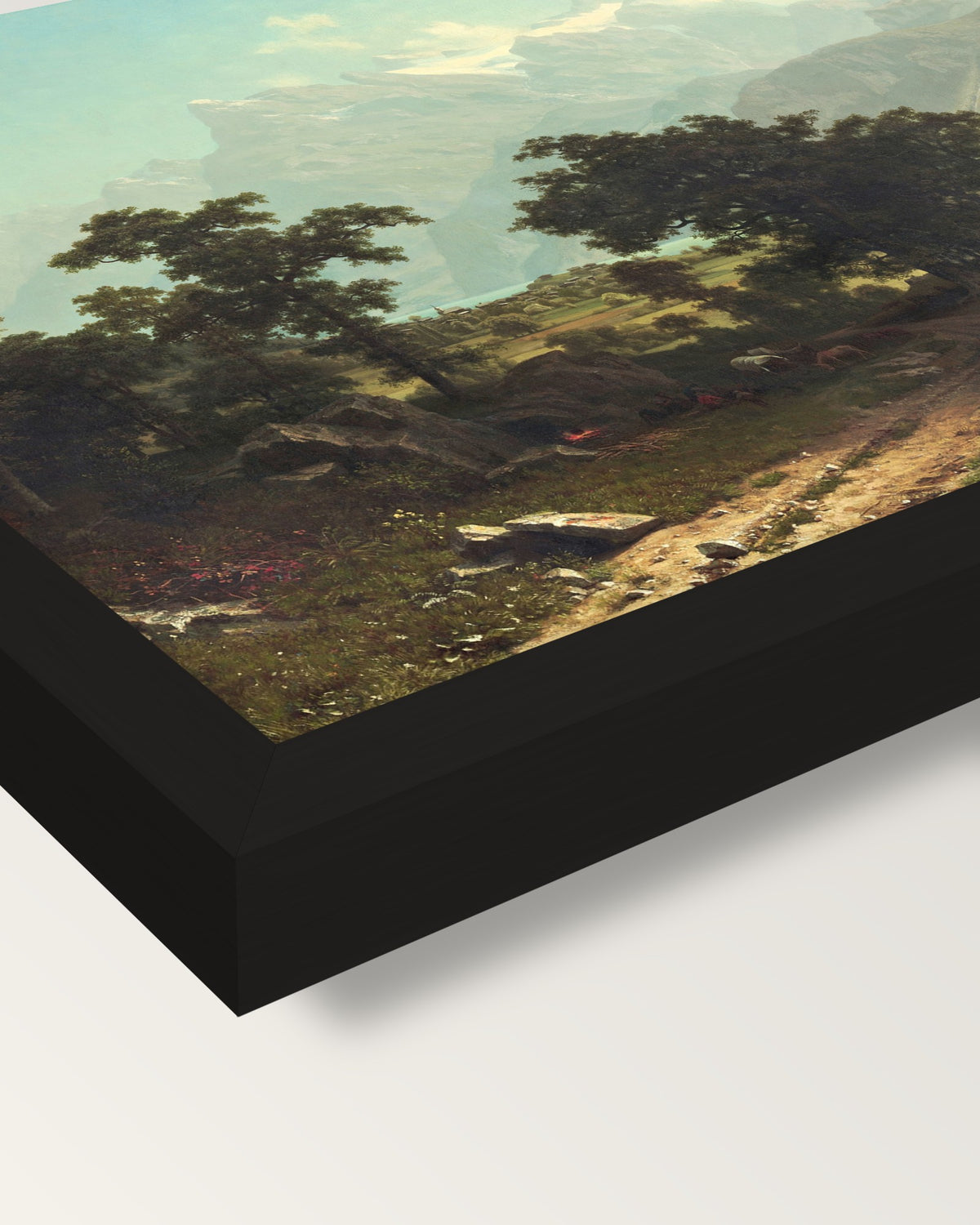 Lake Lucerne by Albert Bierstadt framed print, corner close-up: black moulding, mitred, the print set just below its edge
