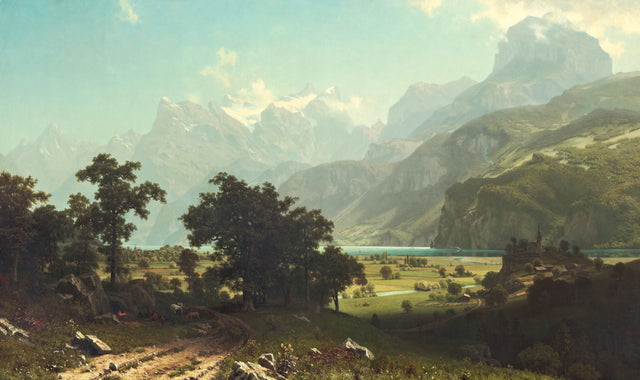 Lake Lucerne by Albert Bierstadt: snowy Swiss peaks above a turquoise lake and a green valley with trees and a path