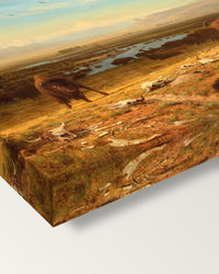 The Last of the Buffalo by Albert Bierstadt on stretched canvas, corner close-up: the painting mirror-wrapped round the sides