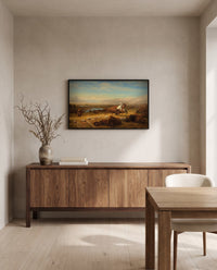 The Last of the Buffalo by Albert Bierstadt in a black frame above a walnut sideboard in a dining room