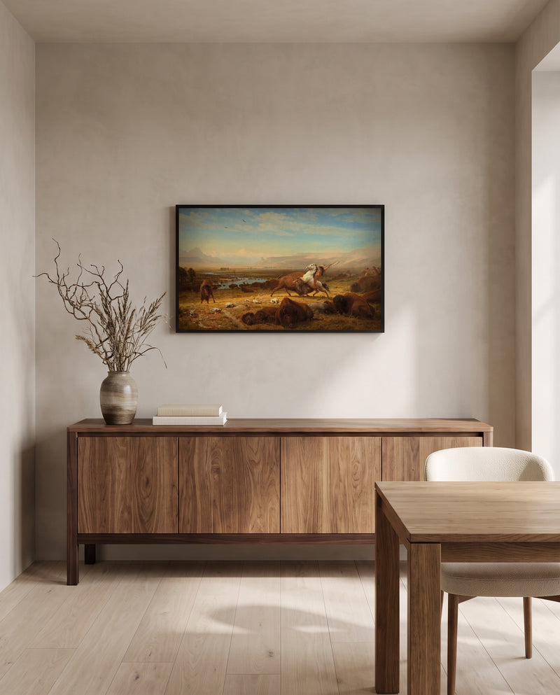 The Last of the Buffalo by Albert Bierstadt in a black frame above a walnut sideboard in a dining room