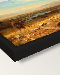 The Last of the Buffalo framed canvas, corner close-up: a black floating frame with a shadow gap round the canvas