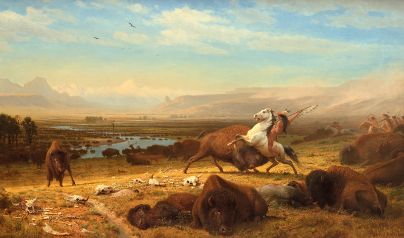 The Last of the Buffalo by Albert Bierstadt: a rider on a white horse among buffalo on a wide plain, mountains beyond