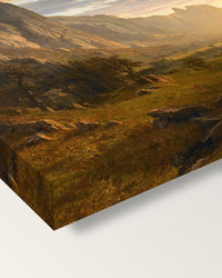 Looking Down Yosemite Valley by Bierstadt on stretched canvas, corner close-up: the painting mirror-wrapped round the sides