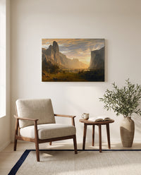 Looking Down Yosemite Valley by Albert Bierstadt as a stretched canvas above a linen lounge chair in a reading corner