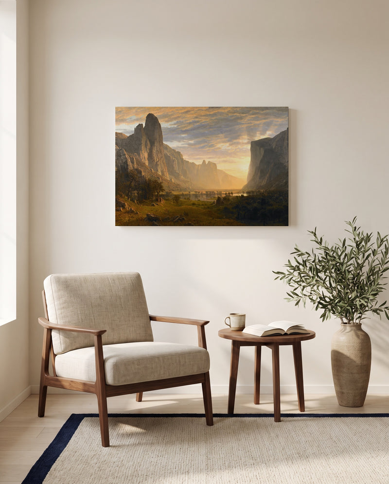 Looking Down Yosemite Valley by Albert Bierstadt as a stretched canvas above a linen lounge chair in a reading corner