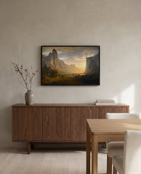 Looking Down Yosemite Valley by Albert Bierstadt in a black frame above a walnut sideboard in a dining room