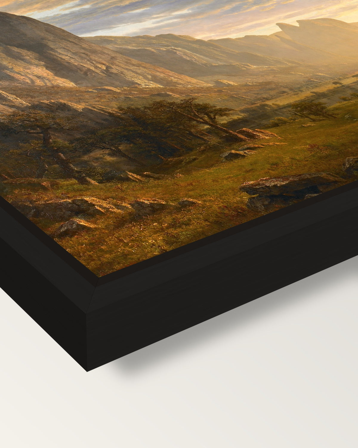 Looking Down Yosemite Valley framed canvas, corner close-up: a black floating frame with a shadow gap round the canvas