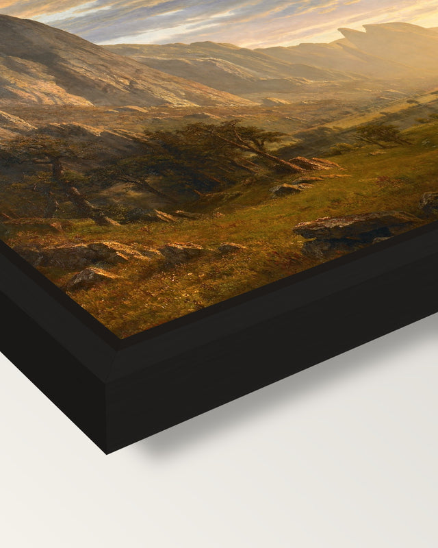 Looking Down Yosemite Valley framed canvas, corner close-up: a black floating frame with a shadow gap round the canvas
