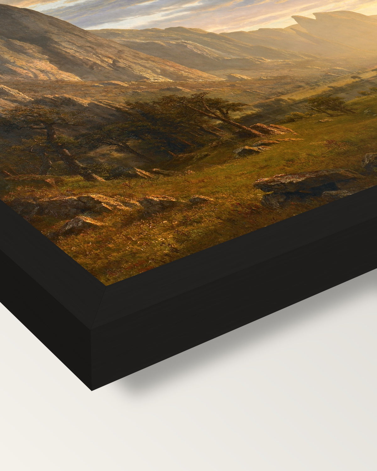 Looking Down Yosemite Valley framed print, corner close-up: black moulding, mitred, the print set just below its edge