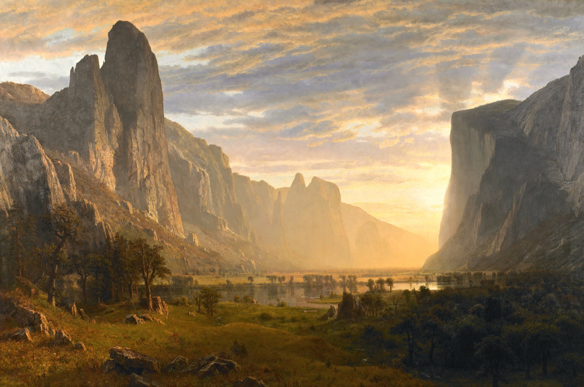Looking Down Yosemite Valley by Albert Bierstadt: golden light flooding a valley between towering granite cliffs