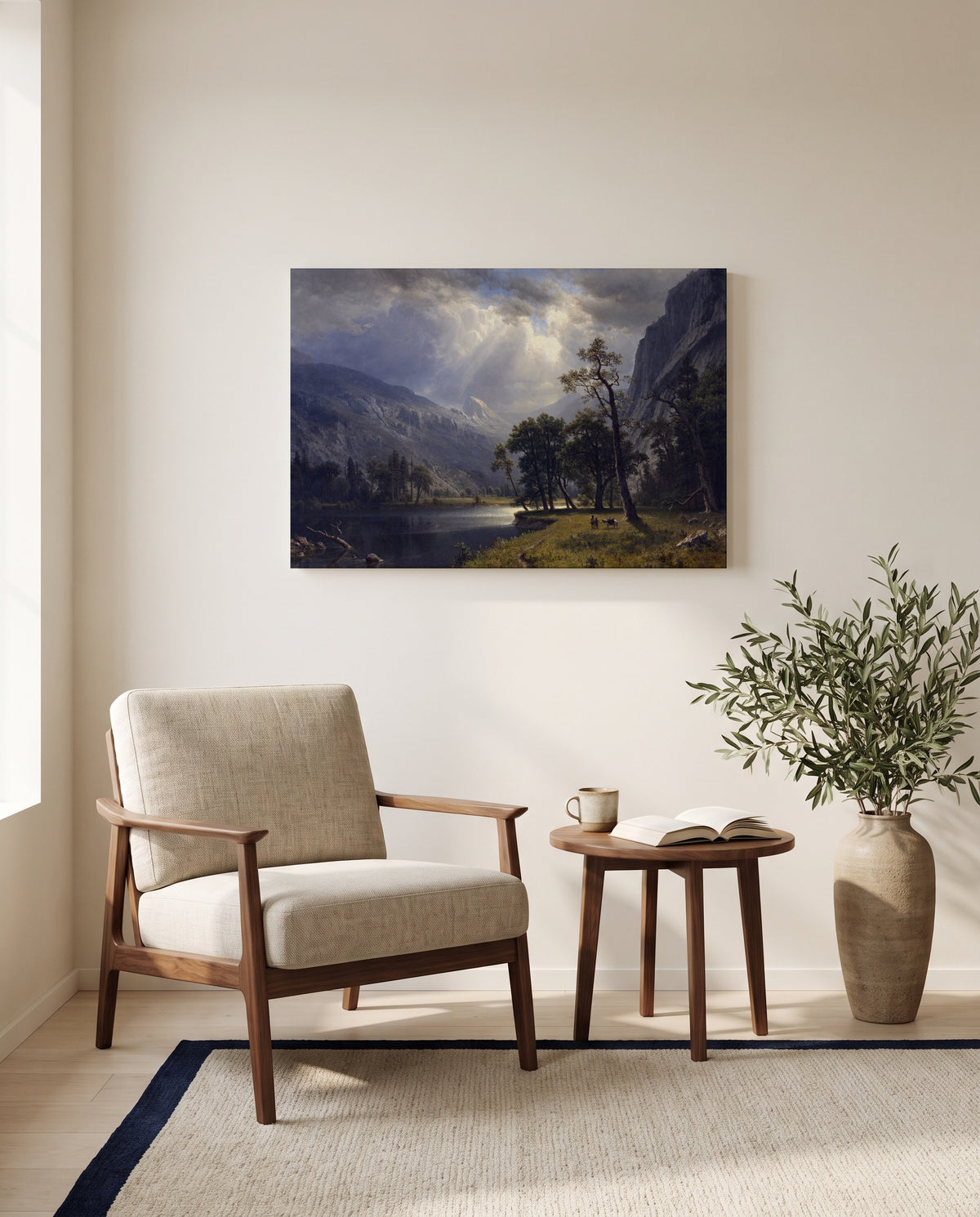 Mount Starr King, Yosemite by Albert Bierstadt as a stretched canvas above a linen lounge chair in a reading corner