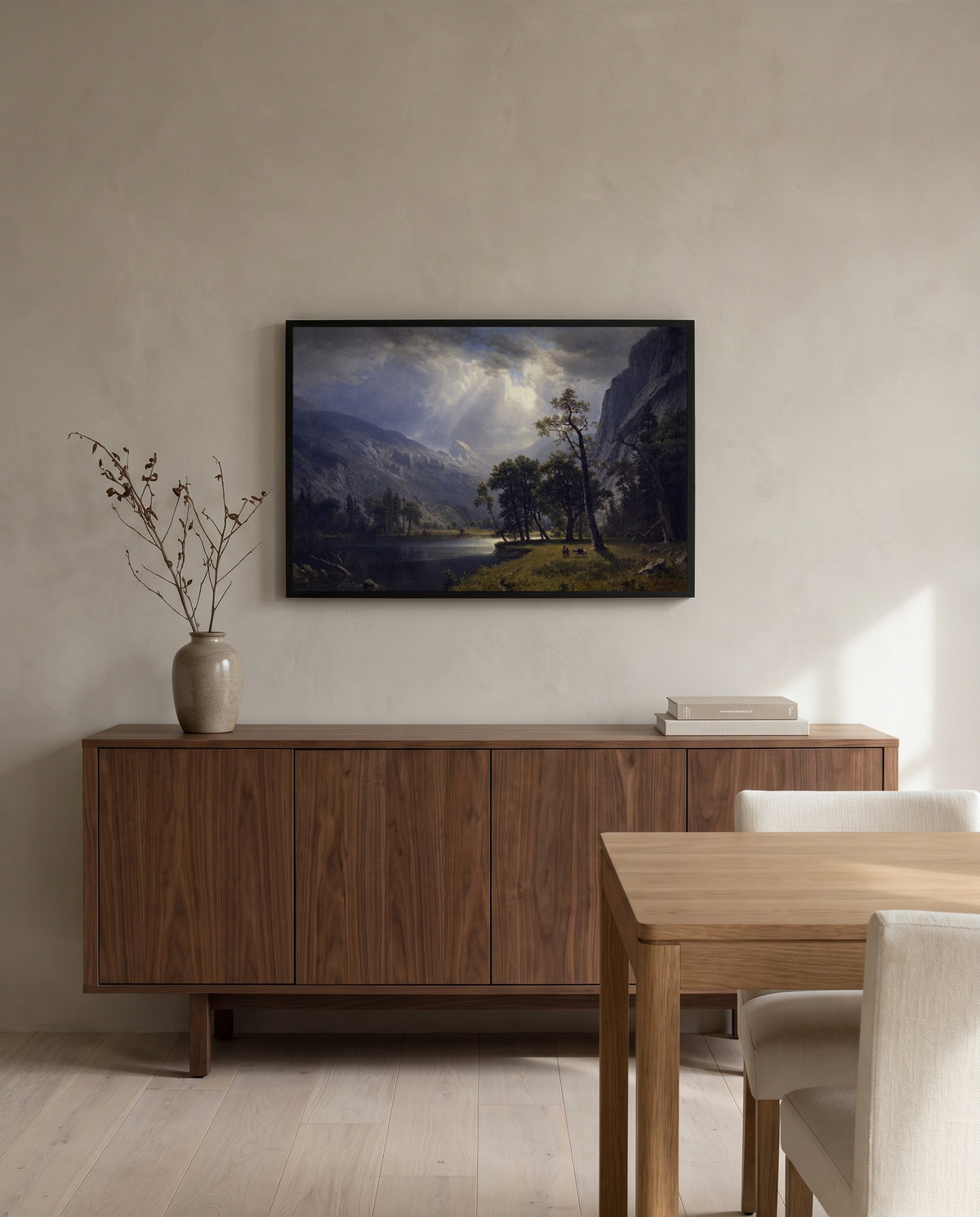Mount Starr King, Yosemite by Albert Bierstadt in a black frame above a walnut sideboard in a dining room