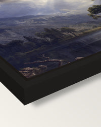 Mount Starr King, Yosemite framed canvas, corner close-up: a black floating frame with a shadow gap round the canvas