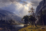 Mount Starr King, Yosemite by Albert Bierstadt: sunbeams through storm clouds onto a granite dome, trees by a river