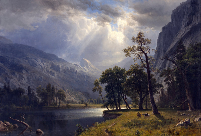 Mount Starr King, Yosemite by Albert Bierstadt: sunbeams through storm clouds onto a granite dome, trees by a river