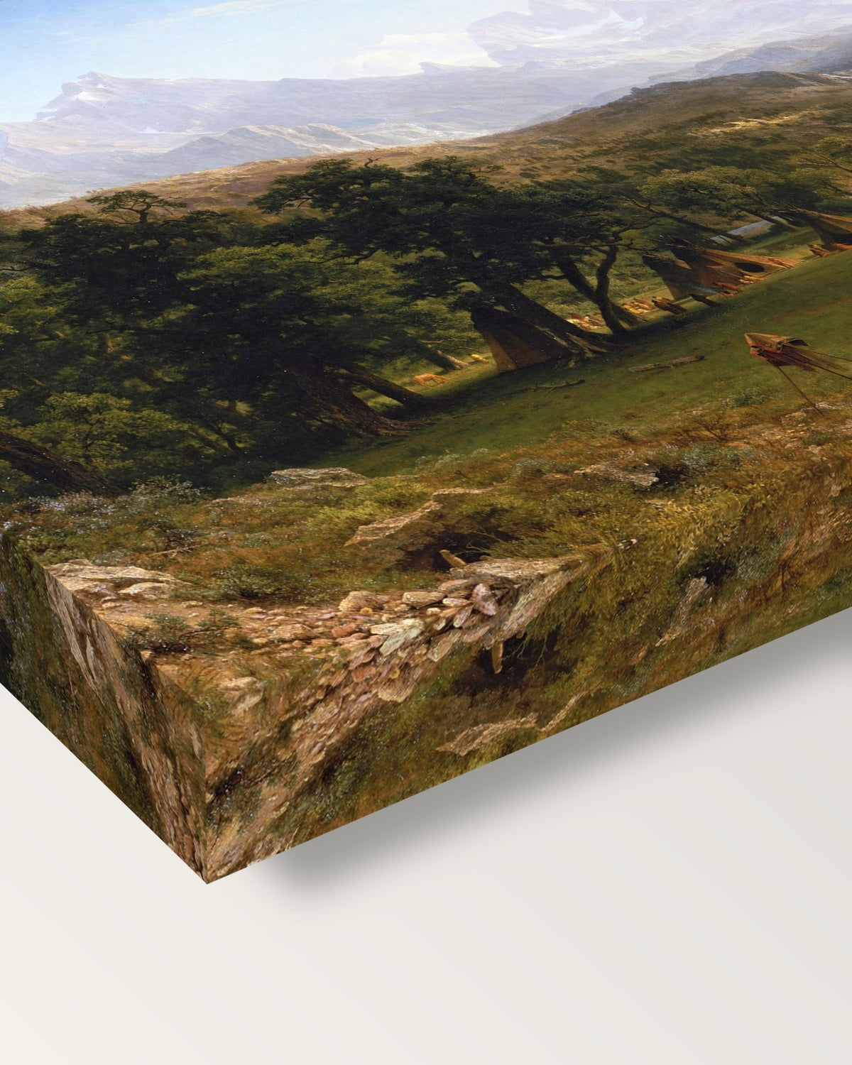 The Rocky Mountains, Lander’s Peak on stretched canvas, corner close-up: the painting mirror-wrapped round the sides