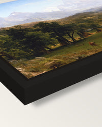 The Rocky Mountains, Lander’s Peak framed canvas, corner close-up: a black floating frame with a shadow gap round the canvas