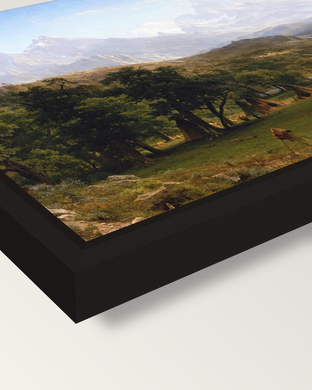 The Rocky Mountains, Lander’s Peak framed canvas, corner close-up: a black floating frame with a shadow gap round the canvas