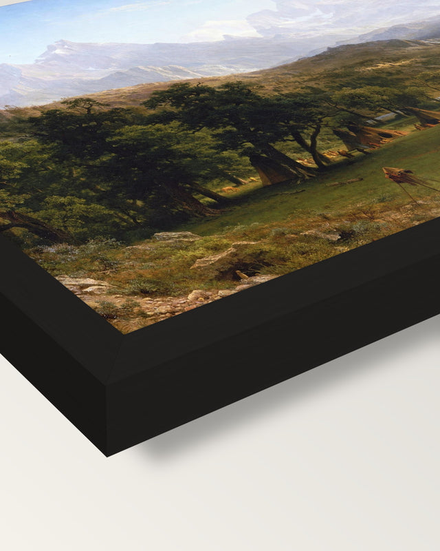 The Rocky Mountains, Lander’s Peak framed print, corner close-up: black moulding, mitred, the print set just below its edge