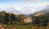 The Rocky Mountains, Lander’s Peak by Albert Bierstadt: snowy peaks above a waterfall, a green valley and a camp