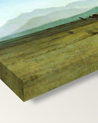Surveyor’s Wagon in the Rockies on stretched canvas, corner close-up: the painting mirror-wrapped round the sides