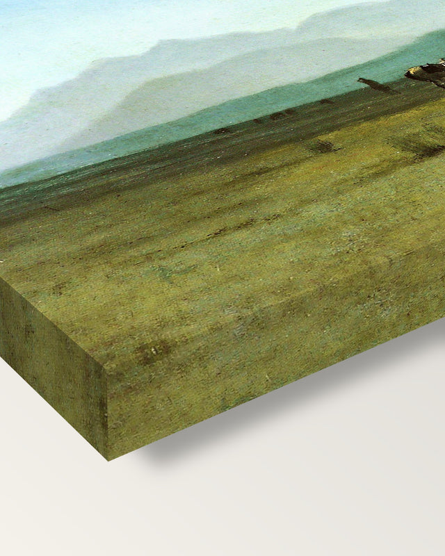 Surveyor’s Wagon in the Rockies on stretched canvas, corner close-up: the painting mirror-wrapped round the sides