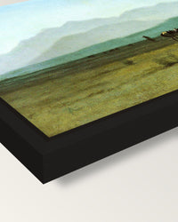 Surveyor’s Wagon in the Rockies framed canvas, corner close-up: a black floating frame with a shadow gap round the canvas