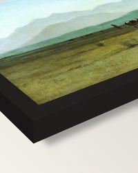 Surveyor’s Wagon in the Rockies framed print, corner close-up: black moulding, mitred, the print set just below its edge