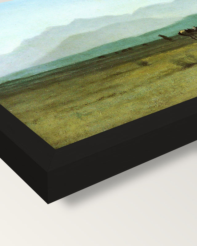 Surveyor’s Wagon in the Rockies framed print, corner close-up: black moulding, mitred, the print set just below its edge
