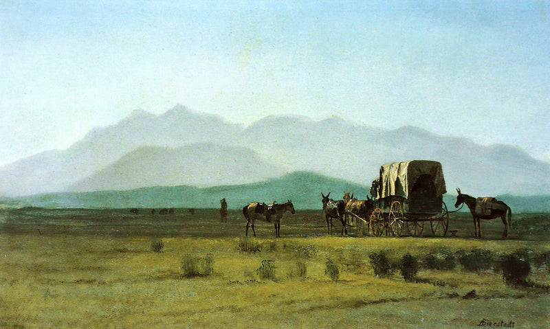 Surveyor’s Wagon in the Rockies by Albert Bierstadt: a covered wagon and mules on a green plain below blue mountains