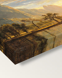 Valley of the Yosemite by Albert Bierstadt on stretched canvas, corner close-up: the painting mirror-wrapped round the sides