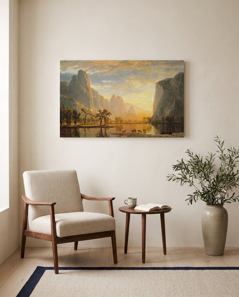 Valley of the Yosemite by Albert Bierstadt as a stretched canvas above a linen lounge chair in a reading corner