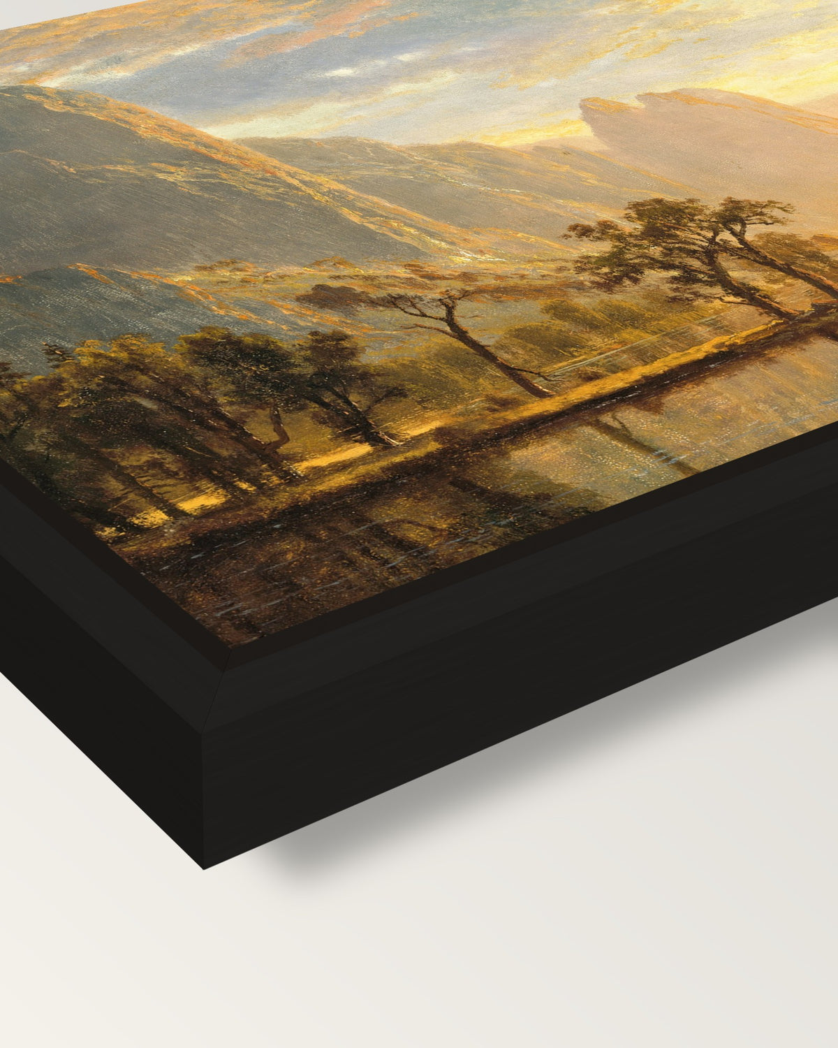 Valley of the Yosemite by Bierstadt framed canvas, corner close-up: a black floating frame with a shadow gap round the canvas