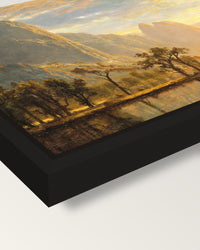 Valley of the Yosemite by Bierstadt framed canvas, corner close-up: a black floating frame with a shadow gap round the canvas