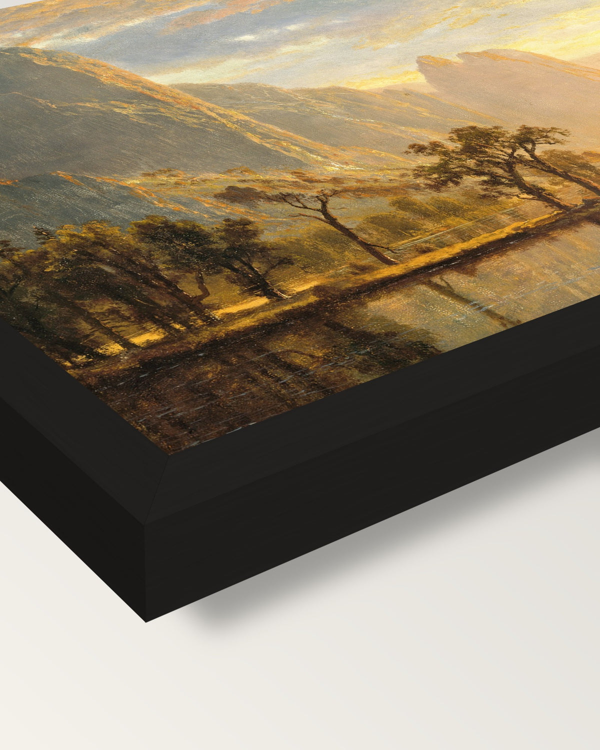 Valley of the Yosemite by Bierstadt framed print, corner close-up: black moulding, mitred, the print set just below its edge