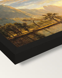 Valley of the Yosemite by Bierstadt framed print, corner close-up: black moulding, mitred, the print set just below its edge