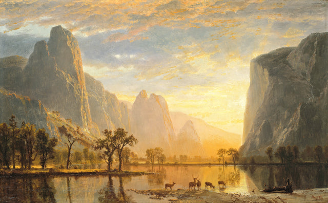 Valley of the Yosemite by Albert Bierstadt: deer by a still river under golden cliffs in a warm sunset glow