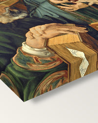 Christ Among the Doctors by Albrecht Dürer on stretched canvas, corner close-up: the painting mirror-wrapped round the sides