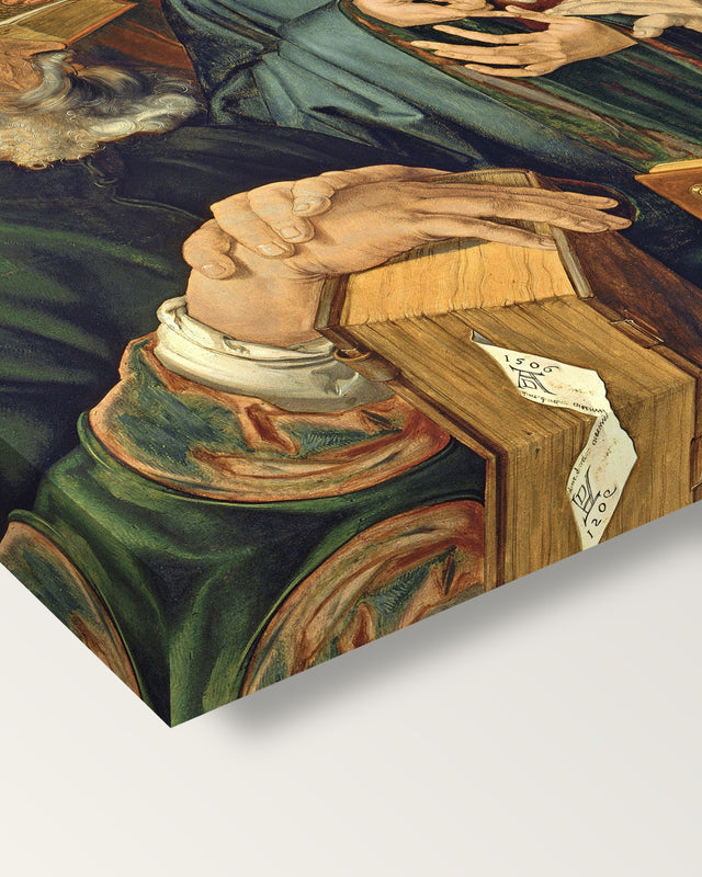 Christ Among the Doctors by Albrecht Dürer on stretched canvas, corner close-up: the painting mirror-wrapped round the sides
