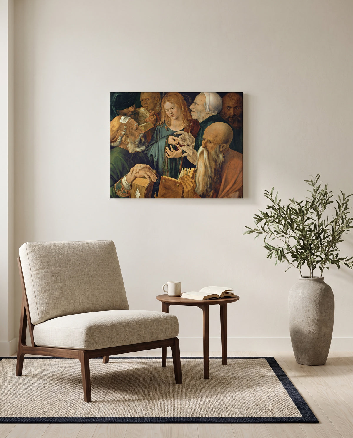 Christ Among the Doctors by Albrecht Dürer as a stretched canvas above a linen lounge chair in a reading corner