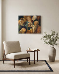 Christ Among the Doctors by Albrecht Dürer as a stretched canvas above a linen lounge chair in a reading corner