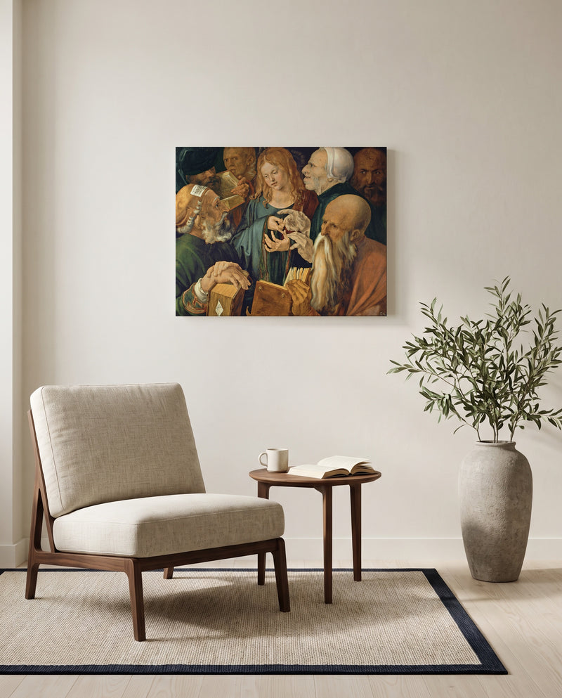 Christ Among the Doctors by Albrecht Dürer as a stretched canvas above a linen lounge chair in a reading corner