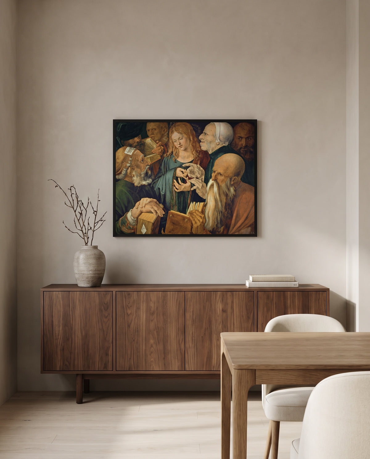 Christ Among the Doctors by Albrecht Dürer in a black frame above a walnut sideboard in a dining room