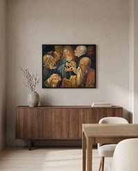 Christ Among the Doctors by Albrecht Dürer in a black frame above a walnut sideboard in a dining room