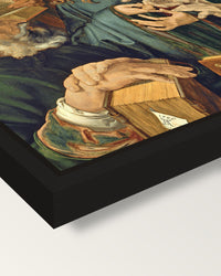 Christ Among the Doctors by Dürer framed canvas, corner close-up: a black floating frame with a shadow gap round the canvas