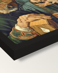 Christ Among the Doctors by Dürer framed print, corner close-up: black moulding, mitred, the print set just below its edge